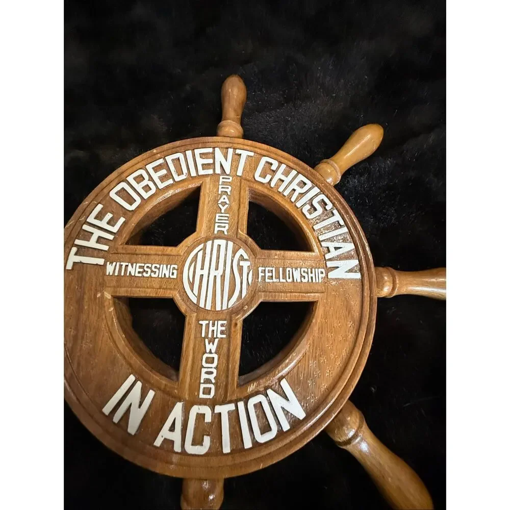 Vintage Wooden The Obedient Christian Wheel Wall Art 1970s Ships Wheel